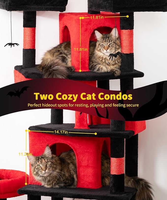 Gothic Cat Tree, 71 Inch Heavy Duty Cat Trees for Large Cats | Cat Tree Tower for Indoor Cats Large Adult with Cat Scratching Post & 2 Condos, 9 Sisal Posts & Hammock, Black Red