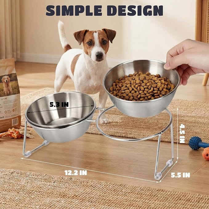 2 Set Elevated Cat Bowls 4.53'' Height Raised Stainless Steel Cat Food Bowls Anti-Slip 15° Tilted Stand Shallow Food and Water Dishes for Kitty and Small Puppy (Double Bowl)