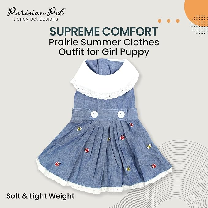Parisian Pet Dog Overall Dress - Spring Summer Clothes for Large Dogs Girl - Floral Denim Pet Dress - Stylish Dog Outfit - Lightweight and Breathable Puppy Clothes - Sleeveless Dresses for Dogs