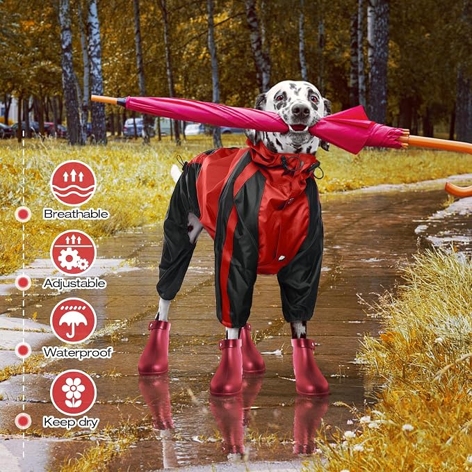Dog Raincoat, 4 Leg Waterproof Dog Rain Jacket with Hood, Red S | Rain Coat For Small Dogs, Doggy Poncho With Leash Hole, Snap Buttons, For Rainy Snowy Weather Walks, Hiking, Camping