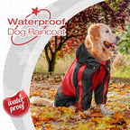 Dog Raincoat, 4 Leg Waterproof Dog Rain Jacket with Hood, Red M | Rain Coat For Small Dogs, Doggy Poncho With Leash Hole, Snap Buttons, For Rainy Snowy Weather Walks, Hiking, Camping