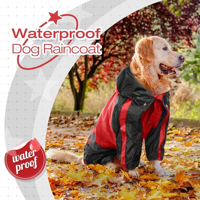Dog Raincoat, 4 Leg Waterproof Dog Rain Jacket with Hood, Red M | Rain Coat For Small Dogs, Doggy Poncho With Leash Hole, Snap Buttons, For Rainy Snowy Weather Walks, Hiking, Camping