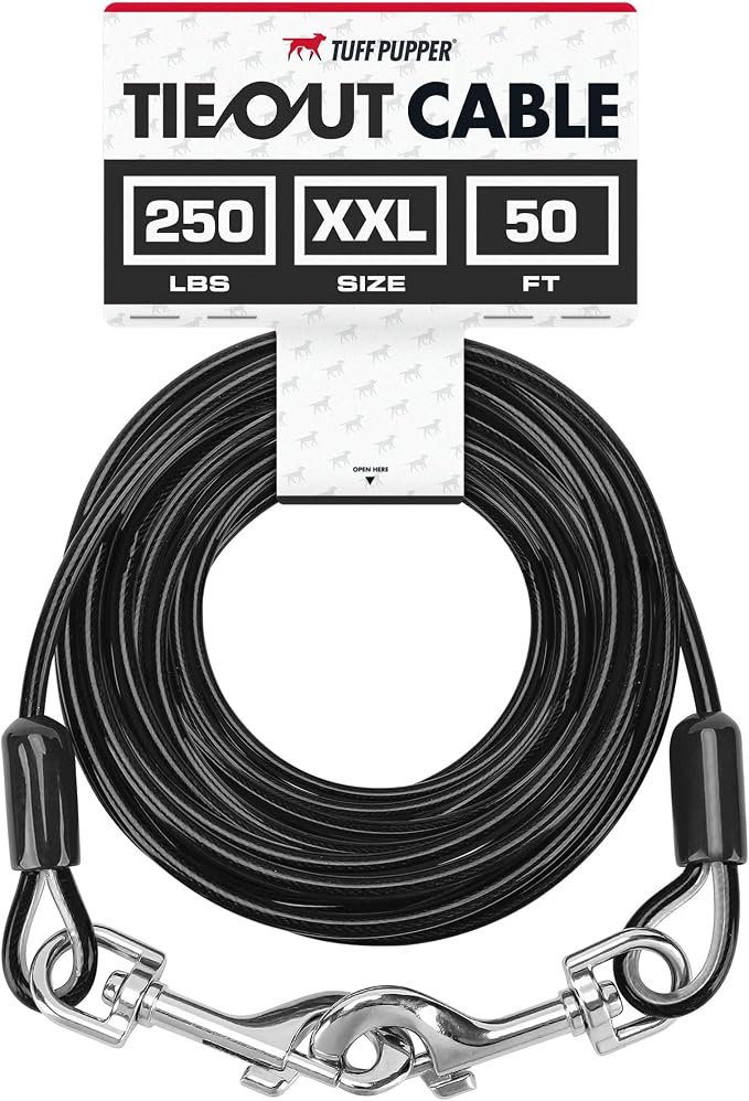 Tuff Pupper Dog Tie Out Cable, 50 ft Heavy Duty Lead for up to 250 lb Dogs | Extra-Strong Coated Steel Wire for Large Dogs; Water/Rust Resistant Yard Runner Line with 360-Degree No-Tangle Swivel Clips