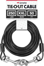 Tuff Pupper Dog Tie Out Cable, 50 ft Heavy Duty Lead for up to 250 lb Dogs | Extra-Strong Coated Steel Wire for Large Dogs; Water/Rust Resistant Yard Runner Line with 360-Degree No-Tangle Swivel Clips