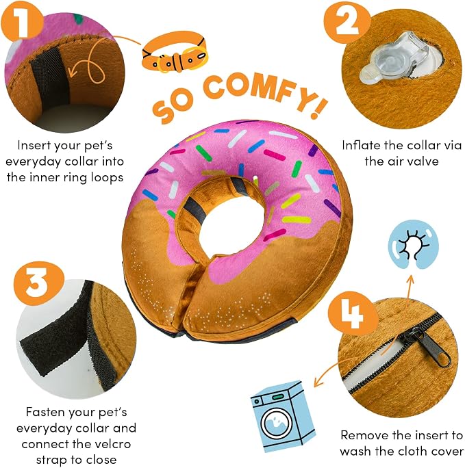 BENCMATE Inflatable Dog Cone Collar Alternative, Soft Dog Cone for Small Medium Large Dogs and Cats, Neck Recovery ECollar Donut Collar After Surgery (Medium, Donut-Strawberry)