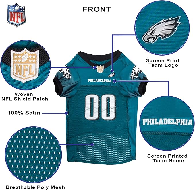 Pets First NFL Philadelphia Eagles Dog Jersey, Size X-Small, Football Shirt Costume for Pet, Dog Sports T-Shirt, NFL Team Clothing for Cats, Licensed Pet Apparel Available in 7 Sizes and 32 Teams