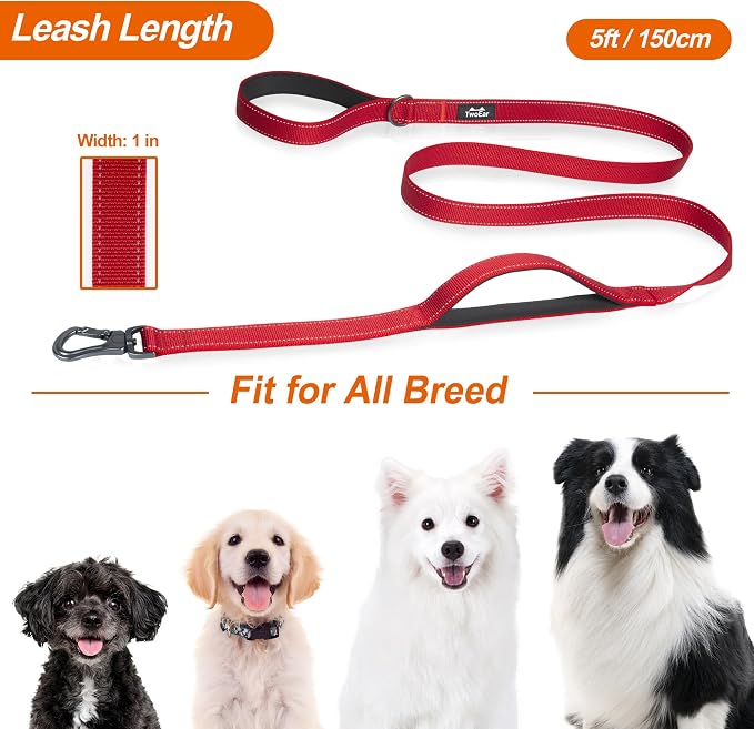 Twoear 6FT 1IN Heavy Duty Dog Leash for Large Dogs with 2 Padded Handles | Traffic Handle Extra Control, Auto Lock Hook, Strong Reflective Walking Leash for Night Safety, Medium and Large Breeds,Red