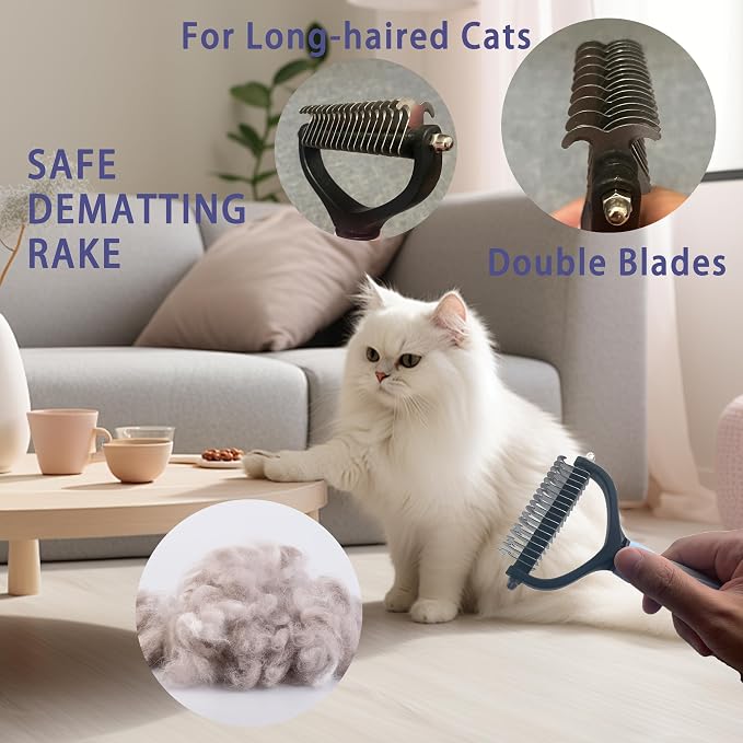 Cat Grooming Brush Kit 6 Tools - Deshedding & Dematting for Long/Short Hair, Self-Cleaning Slicker Brush with 6-in-1 Flea Comb for Cats & Kittens (Blue)