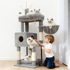 Heybly Cat Tree, 45.3" Cat Tower for Indoor Cats with Large Perch HCT202SW | All-in-One Cat Furniture with Cozy Bed, Hidden Space Cat Condo, Comfy Hammock, Scratching Posts & 3 Pompoms, Light Gray