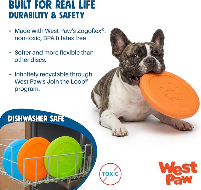 WEST PAW Zogoflex Zisc Dog Flying Disc, High Flying Aerodynamic Disc for Dogs Puppy – Lightweight, Floatable Disc for Fetch, Tug of War, Catch, Play – Doubles as Food/Water Bowl, Large 8.5", Glow