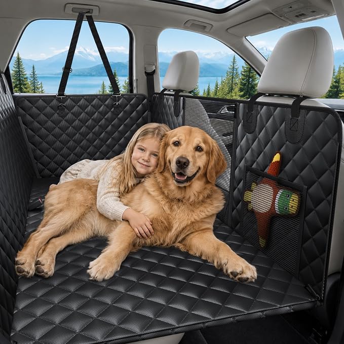 Waterproof Hard Bottom Back Seat Extender for Dogs XL, Truck SUV Cover | Honeycomb board, Waterproof, Non-slip dog hammock for car SUV, Fits most cars, Dog seat belt, Mesh window & 2 storage pockets