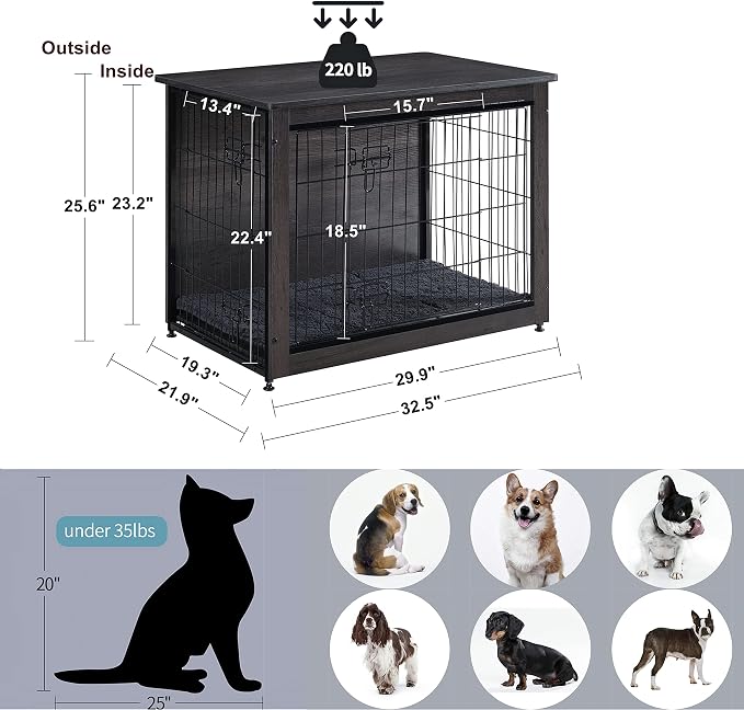DWANTON Dog Crate Furniture with Cushion, Wooden Kennel Table with Double Doors, Indoor Dog House, Medium Size, 32.5" L, Dark Gray