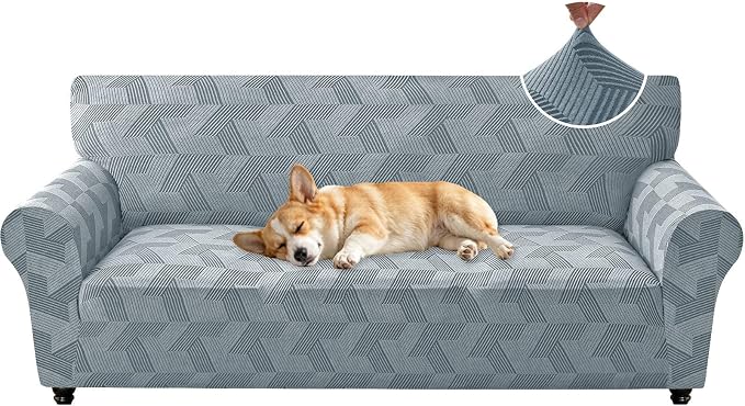 ZNSAYOTX Stretch Couch Covers for 3 Cushion Couch, 1-Piece Sofa Cover Slipcover Pet Friendly, Furniture Protector with Elastic Bottom for Dogs Geometrical Jacquard Fabric (Large, Light Grey)