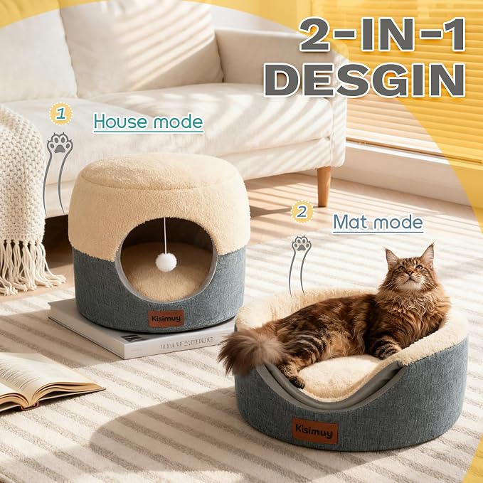 2-in-1 Foldable Cat Bed for Indoor Cats, Cat Cave & Sofa Bed | 19.7"D x 15"H, Reversible Plush & Linen Cushion,Enclosed Cat Bed, Hanging Cat Toys, Non-Slip, Large Cat Couch, Grey