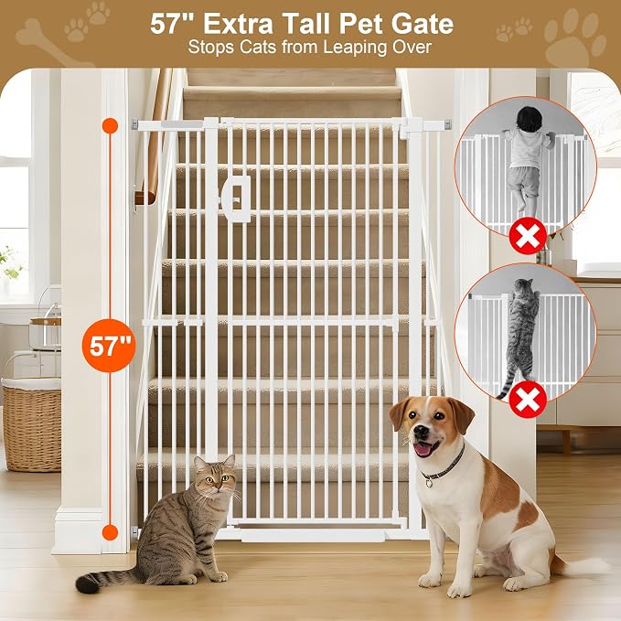 Jekriuet 57" Extra Tall Pet Gate, 27.5"-38.5" Wide, White | Dog Cat Gate for Doorways Hallways Stairs,Pressure Mounted 1.18" Ultra Narrow Gap No Drilling One-Handed Auto-Close