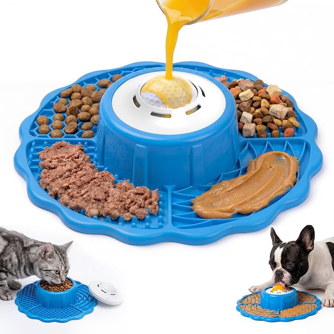 Slow Feeder Dog Bowls with Lick Mat & Rolling Lick Ball, Enrichment Toys | 10oz. 3-in-1 Feeder. Leak-proof, Non-slip. Interactive Play. Slow eating. Liquid, Thick Treats & Kibble, Food-grade Silicone