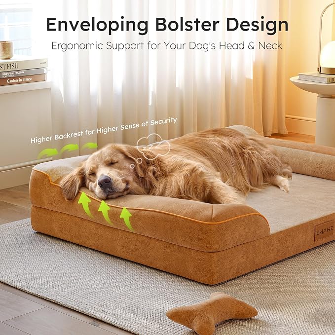 CWAWZ XXL Dog Bed for Extra Large Dogs, Giant Orthopedic Dog Bed with Cooling Gel Memory Foam, Waterproof Pet Bed with Removable Washable Cover, 53" Pet Sofa Bed Dutch Velvet with Bone Toy, Brown