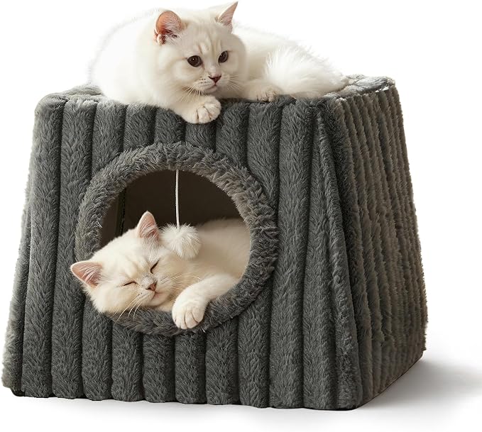 Dogpals Indoor Cat House - Large Cat Cave Bed with Fluffy Balls, Foldable Cat Bed Cave and Apartment with Pads, Suitable for Multiple Small and Large Cats, 18.5x15.4x15.4inches (Deep Grey, XL)