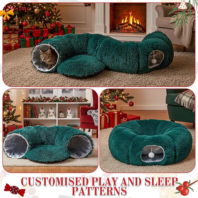 Cat Tunnel Christmas Tree Skirt Large Soft Plush Tunnel Bed Under Christmas Tree for Indoor Cats 36 Circle Donut Tube Bed with Central Mat for Cat Puppy Rabbit Kitten Xmas Gifts(Green)