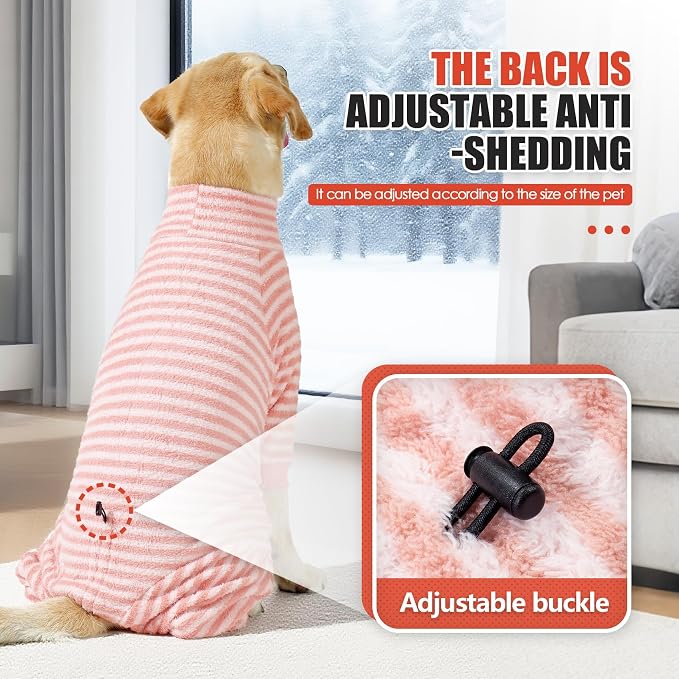 Dog Fleece Pajamas Large Dog 4 Legs Winter Clothes for Dog Fit Warm Jumpsuit for Dogs (Striped Pink, Small)
