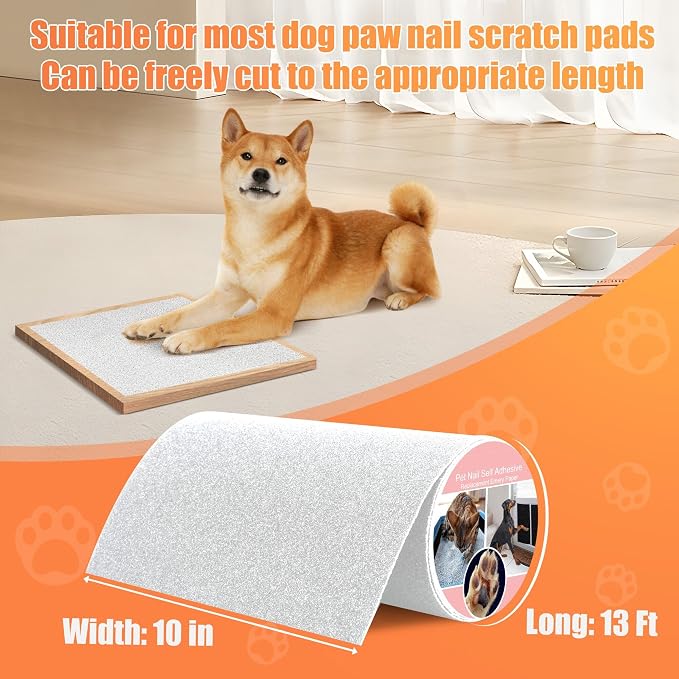 Pet Nail Self Adhesive Replacement Emery Paper,10in*13ft, White | Fits Most Dog Scratch Pad DIY on the Places Where Pets Like to Scratch Alternatives to Cat and Dog Nail Clippers