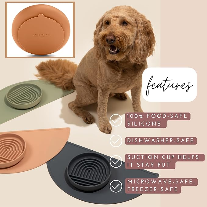 Slow Feeder Dog Bowls - Medium Size Silicone Slow Eating Dog Bowl for Puppies & Dogs with Suction Cup -Dishwasher-Safe, Lick Mat Design, Reduces Gulping,for All Breeds,7.5”x1.5”- Tan