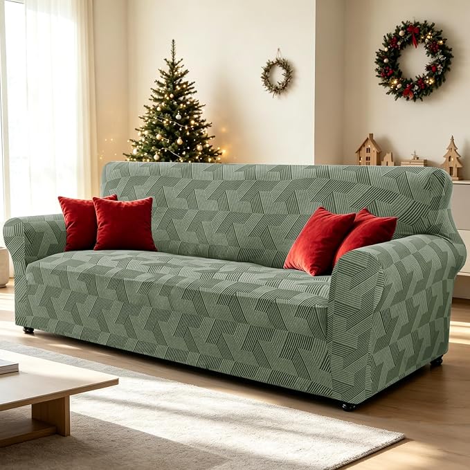 ZNSAYOTX Stretch Oversized Couch Covers for 3 Cushion Couch, 1-Piece Extra Large Sofa Cover Slipcover, Furniture Protector with Elastic Bottom Geometrical Jacquard Fabric (X-Large, Army Green)