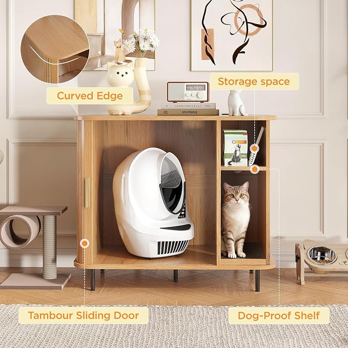 Large Litter Box Enclosure with Charging Station for Automatic Litter Box & Cat Robot 3/4, Hidden Litter Box Furniture with Dog-Proof Shelf, Scratch Pad, Wooden Cat Box Enclosure, Natural