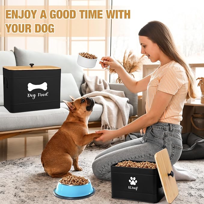 2Pcs Extra Large Metal Dog Food Containers Airtight 12 & 3.5 Lbs Dog Treat Snack Jars Set of 2 with Bamboo Lids and Spoons Farmhouse Big Pet Cookie Storage Jars for Kitchen Counter Gift(Black)