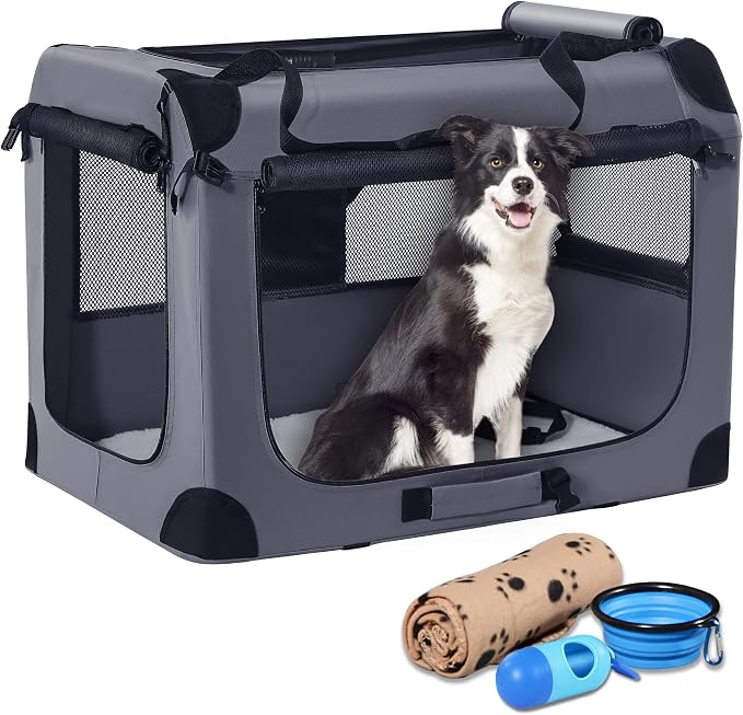 Petprsco Portable Dog Crates for Medium Dogs，32 inch Soft Travel Dog Crate | Collapsible Soft Dog Crate 32"x23"x23" for Medium/Large Dogs with Plush Mat, Fleece Blanket & Foldable Bowl, Indoor/Outdoor