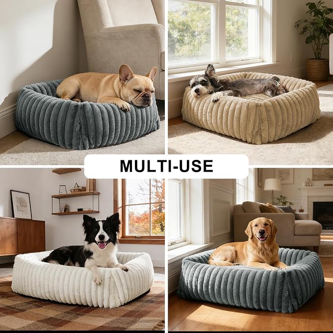 FURTIME Dog Bed for Small Dogs, Washable Orthopedic Dog Bed with Removable Cover, Rectangle Soft Calming Sleeping Puppy Bed Durable Pet Cuddler with Anti-Slip Bottom, Beige, S (20"x19"x6")