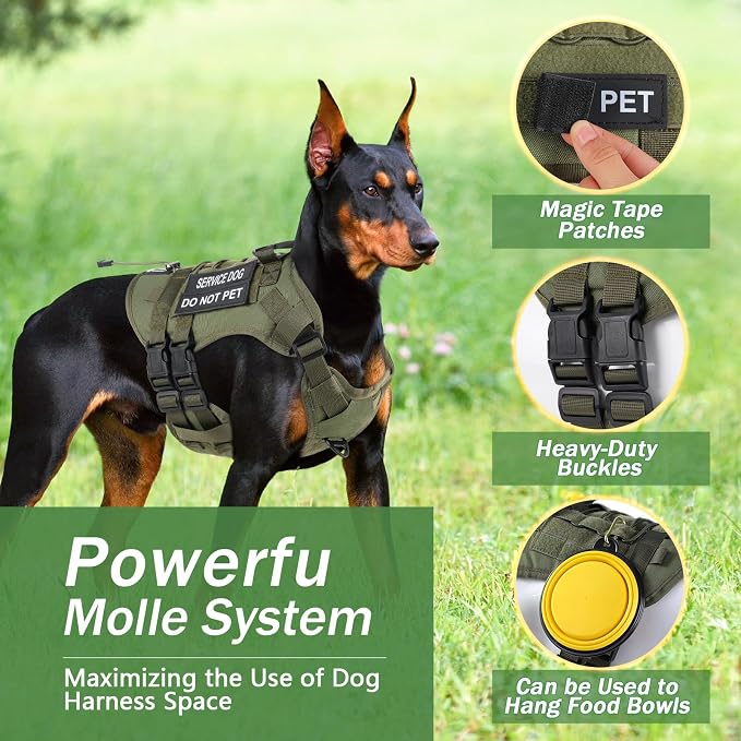 No Pull Tactical Dog Harness Medium Sized Dog, Service Dog Vest, M,Green | Tactical Dog Vest Harness and Leash Set, Adjustable Military Service Dog Harness with Handle for Medium Large Dogs