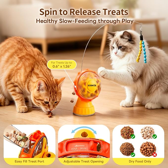 NORMON Cat Treat Dispenser, Ferris Wheel Puzzle Feeder Toy with Teaser Wand | Treat puzzle, washable stable base, rotating snack wheel, indoor cats, solo play, exercise, mental stimulation, boredom play.
