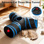 Tempcore Cat Tunnel for Indoor Cats, 3 Way Collapsible Pet Play Tunnel with Teaser Wand, Peek Holes & Hanging Ball, Interactive Tube for Kittens & Rabbits, Black & Royal Blue