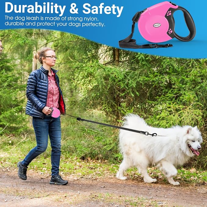 360°No Tangle 26 Ft Retractable Dog Leash for Dogs up to 99lbs | Heavy Duty Pet Walking Leash for Small Medium Large Dogs, Anti-Slip Handle, Strong Nylon Tape, One-Handed Brake, Pink