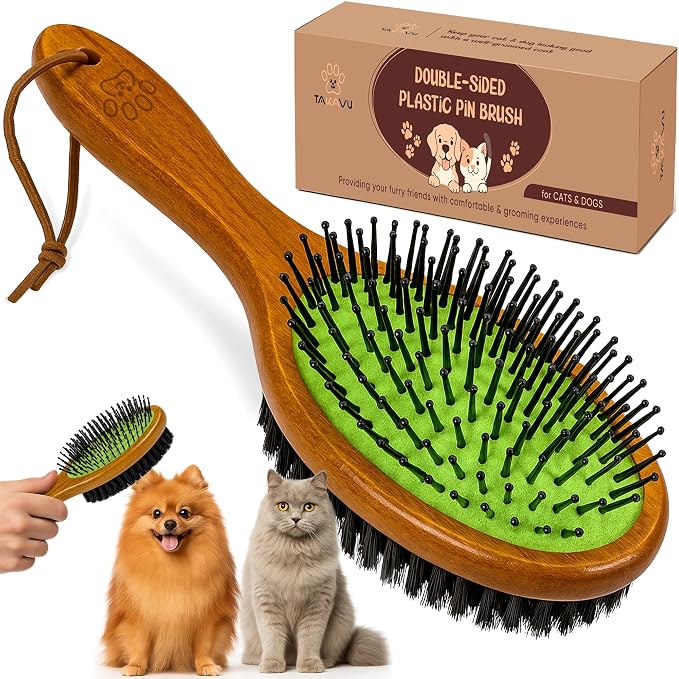 TAKAVU Pin & Bristle Pet Brush for Dogs & Cats, Double-Sided | Grooming Tool Detangles, Removes Loose Hair & Conditions Coat, Soft on Sensitive Skin, Natural Wood Handle Groomer
