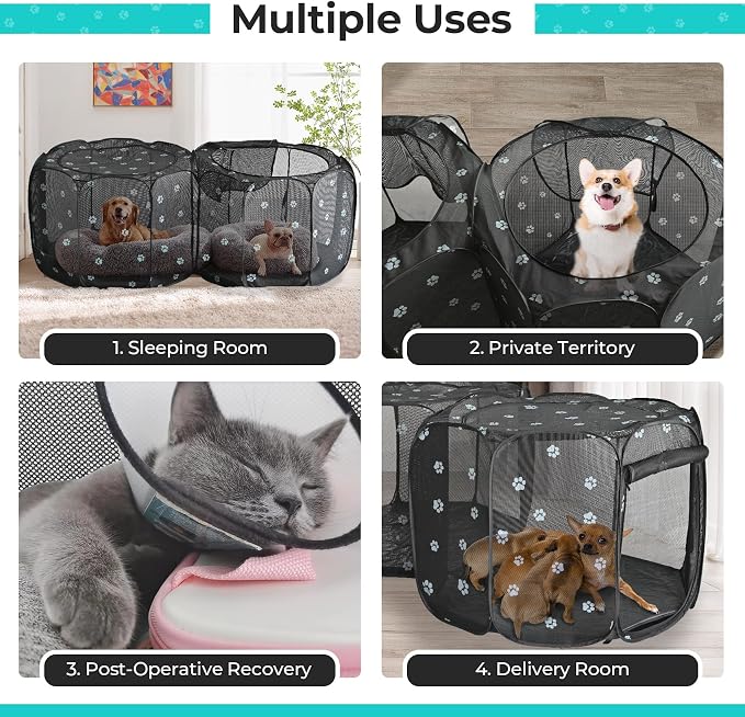 2-in-1 Cat Playpen, Pop Up Dog Pet Playpen for Indoor Outdoor Cats Enclosed, Portable Pet Playpen, Kitten Puppy Foldable Play Pen Cat Dog Tent Crate Cage Kennel(No Divider, Unified Space)