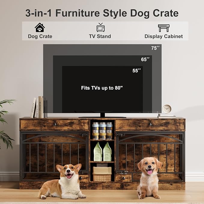 GarveeHome Dog Crate Furniture for 2 Dogs, Dog Kennel Indoor with Storage and Feeding Bowls, Double Dog Crate TV Stand for Small Medium Dogs, Brown