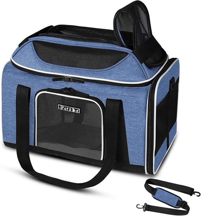 Petskd Top-Expandable Small Pet Carrier 18"x13"x9.5" Airline Approved | for Southwest Airlines, Lockable Safety Zippers and Anti-Scratch Mesh, Soft-Sided, Pets Under 10 Lbs, Blue