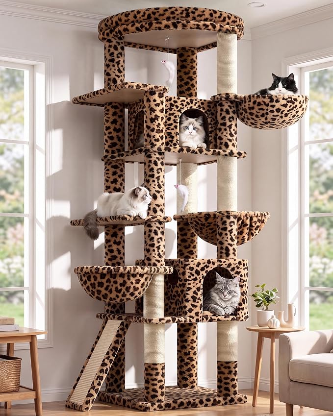 Globlazer Extra Large Cat Tree, 78 inch Sturdy Tall Cat Tree Tower for Indoor Multiple Large Adult Cats Kittens with 6 Scratching Posts, Enlarged Top Perch, 2 Padded Condos, S78G, Leopard Print