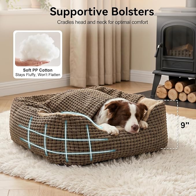 GASUR Dog Beds for Large Medium Small Dogs, Rectangle Cave Hooded Blanket Puppy Bed, Luxury Anti-Anxiety Orthopedic Cat Beds for Indoor Cats, Warmth and Machine Washable(35 inches, Brown)