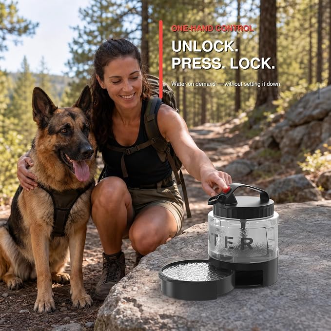 Portable Dog Water Bottle with Travel Bowl, 56 oz/1.6 L, Black | 2-in-1 portable dog water bottle with pull-out bowl; BPA-free plastic, silicone seal, wide mouth and grip for hikes or travel