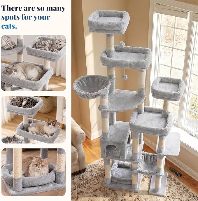 Hey-brother Cat Tree Tower, Wide Base, 5 Platforms for Multi-Cats, MPJ074W | 72.8 Inches Tall Furniture, 5 Plush Beds, Large Condo, Big Hammocks, Sisal Scratching Posts, for Indoor Adult Cat, Light Gray
