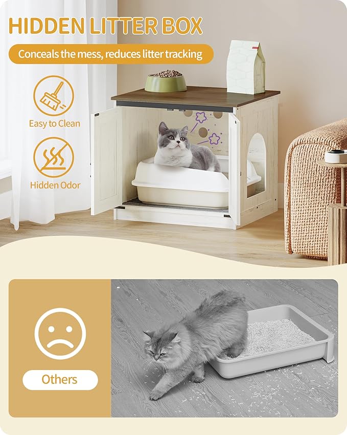 Hzuaneri Cat Litter Box Enclosure, Hidden Litter Box Furniture with Divider | Wooden Cat Cabinet with Removable Dividers, Reversible Entrance Left or Right Side, Cat Washroom, Rustic White Brown CB84514X