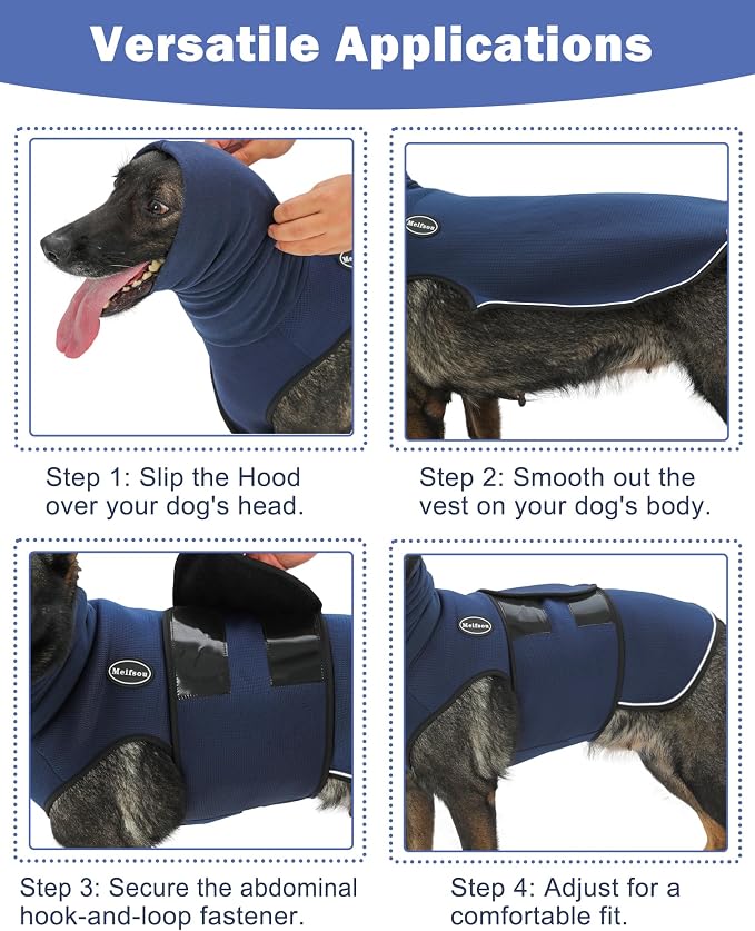 Meifsou Dog Anxiety Vest with Hood, Skin-Friendly Thunder Jacket for Dogs, All-in-One Dog Calming Shirt with Hood for Thunder, Fireworks, Separation - Keep Pet Calm Without Medicine, Dark Blue, XS