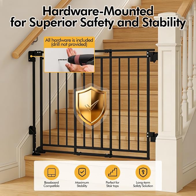 29" Tall Baby & Dog Gate,26-43" W Hardware Mount Gate,Black | Auto-Close design,Two-Way Swing, No Bottom Bar,Must Drill to Install