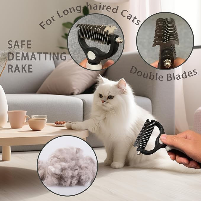 Cat Grooming Brush Kit 6 Tools - Deshedding & Dematting for Long/Short Hair, Self-Cleaning Slicker Brush with 6-in-1 Flea Comb for Cats & Kittens (White)