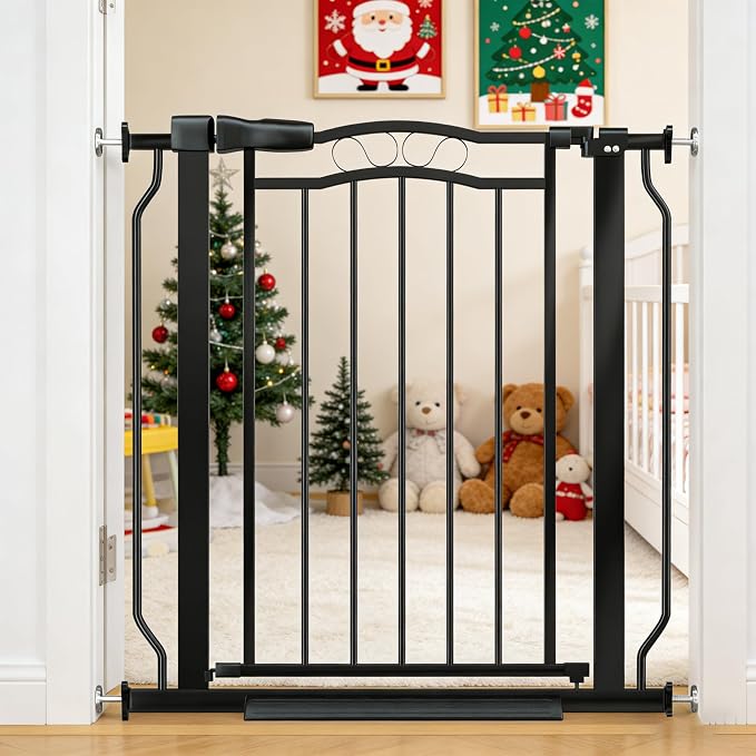 29.53"-33.85" Mornyray Auto-Close Baby Gate Extra Wide, Pressure Mounted Dog & Pet Gate for Stairs Doorways, No Drill Safety Barrier with Lace Design, Metal Child Proof Gate Indoor Outdoor, Black