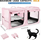 Extra Large Cat Carrier for 2 Cats with Travel Litter Box, 2-in-1 Foldable Soft Pet Car Travel Carrier with Zipper Locks for Multiple Cats Small Dogs Up to 45 Lbs, Pink
