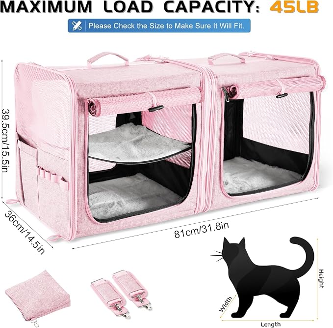Extra Large Cat Carrier for 2 Cats with Travel Litter Box, 2-in-1 Foldable Soft Pet Car Travel Carrier with Zipper Locks for Multiple Cats Small Dogs Up to 45 Lbs, Pink
